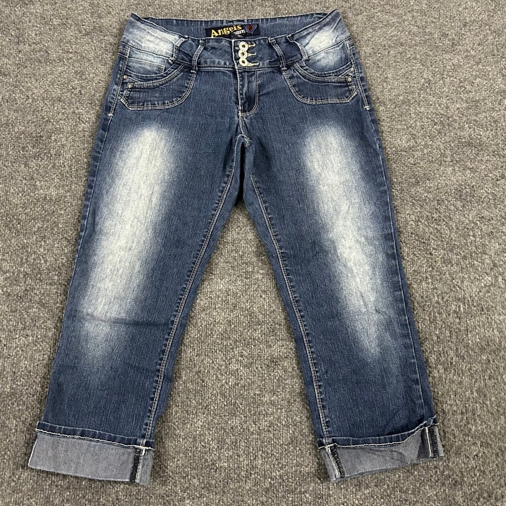 Angels Jeans Capri Womens Size 11 Blue Faded Whiskered Cuffed Triple Button Slim
